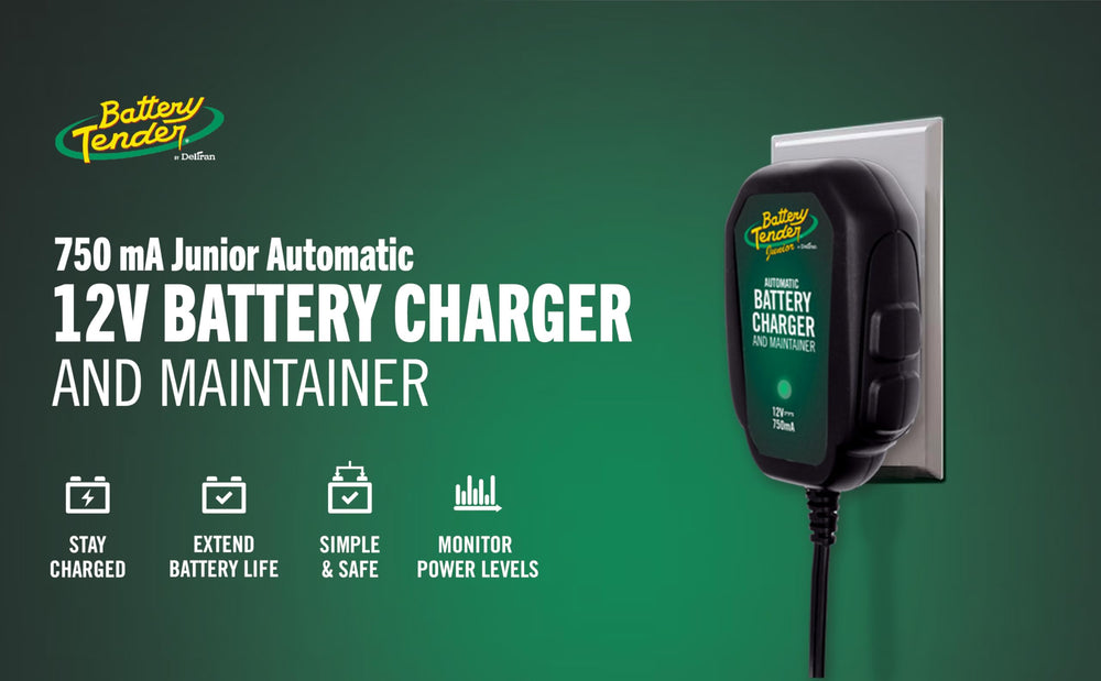 Battery Tender product label and specs showcasing model and safety features