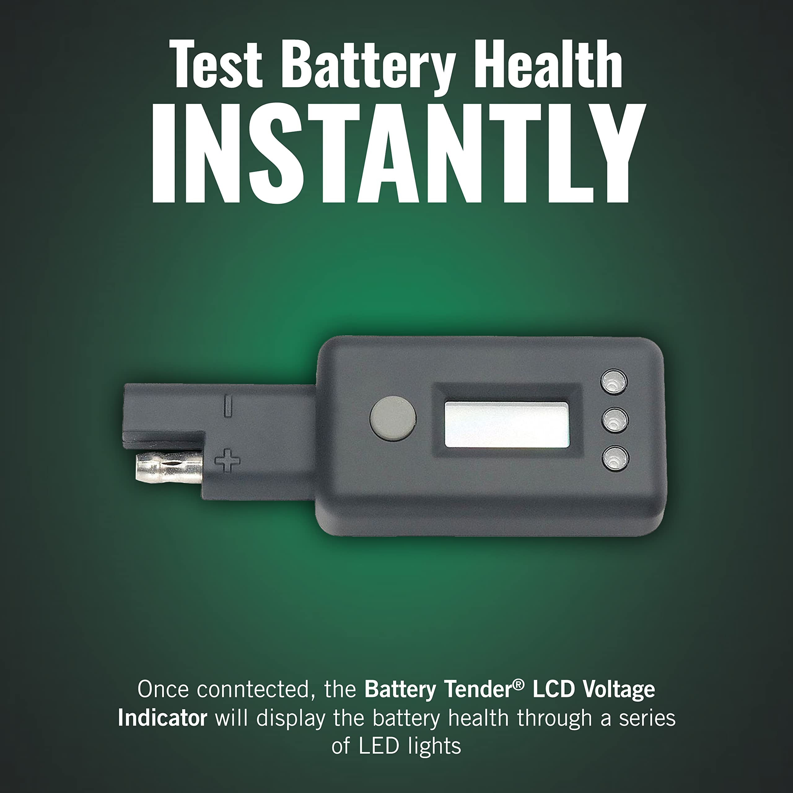 Battery Tender LED indicator detail showing green yellow red lights for quick battery status