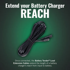 Battery Tender 25ft cable stretched across garage showing extended reach benefit