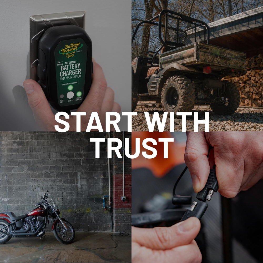Battery Tender mounted on garage shelf organized for easy access and readiness