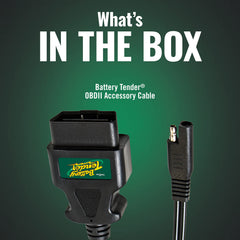 Battery Tender adapter plugged into a vehicle OBDII port for convenient charging