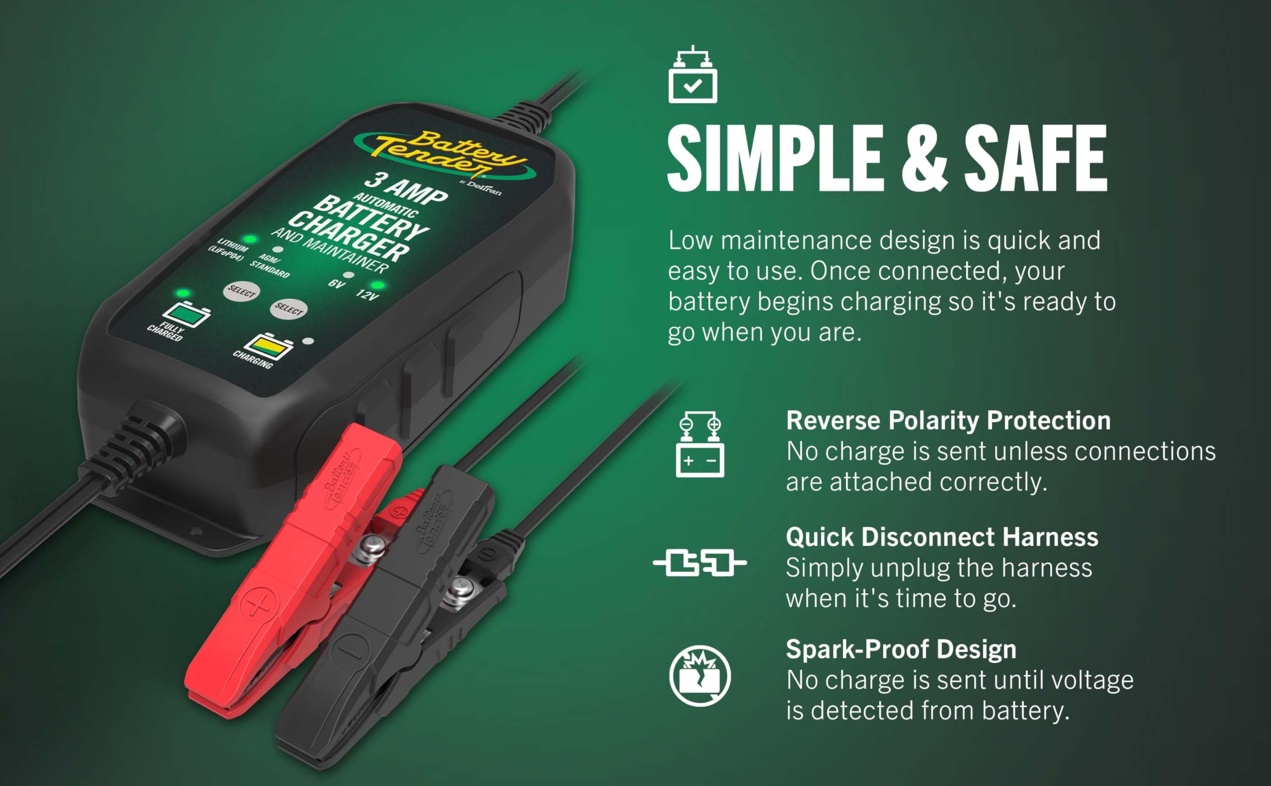 Battery Tender product box and manual displayed, brand and ready-to-use out-of-box benefit