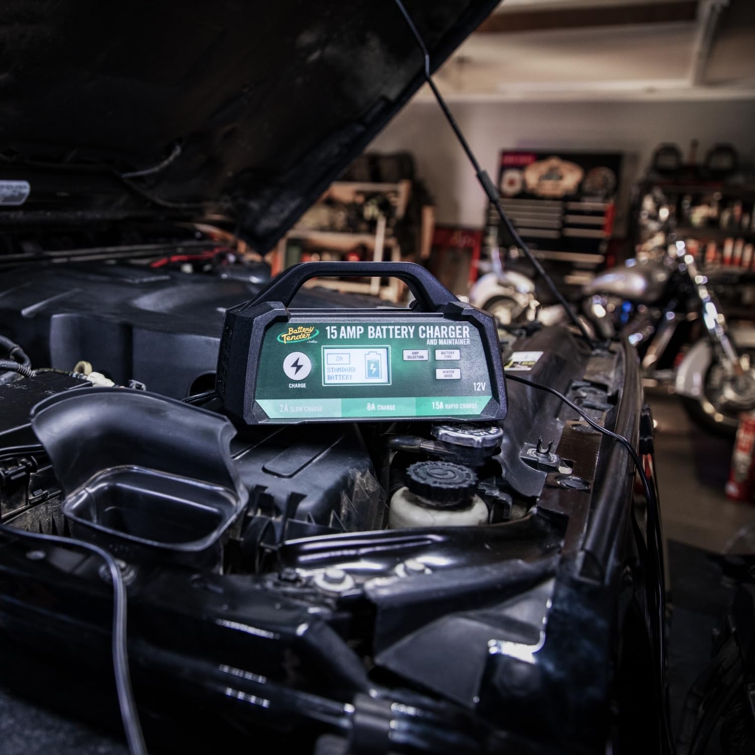 Battery Tender side profile showing compact design for easy storage