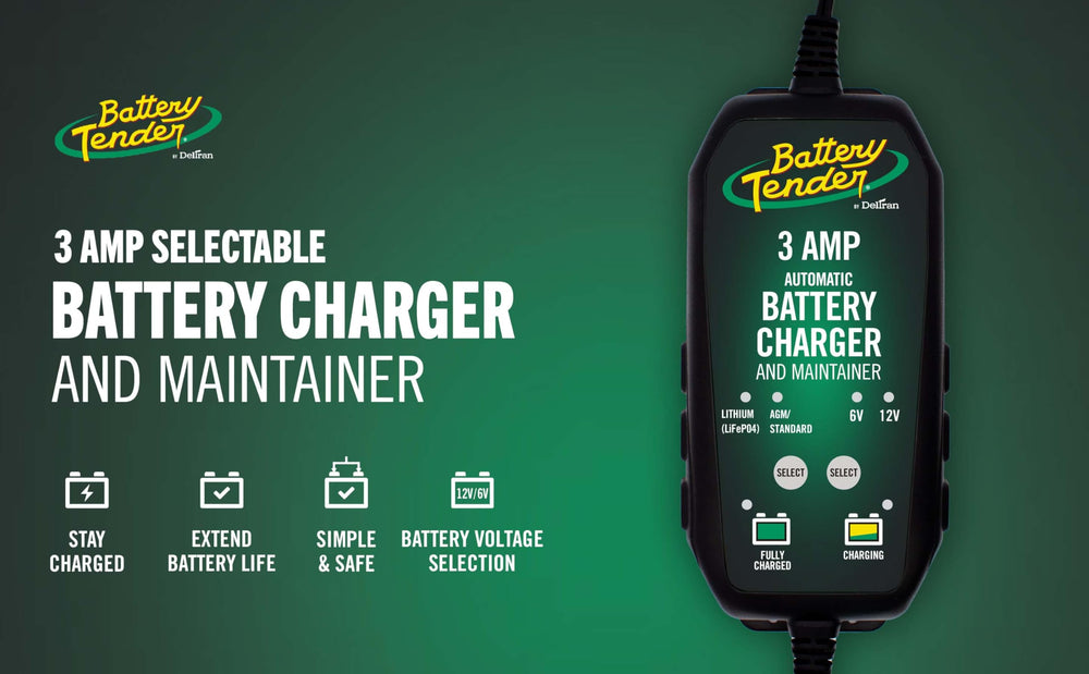 Battery Tender held in hand for scale, brand and portable lightweight storage benefit
