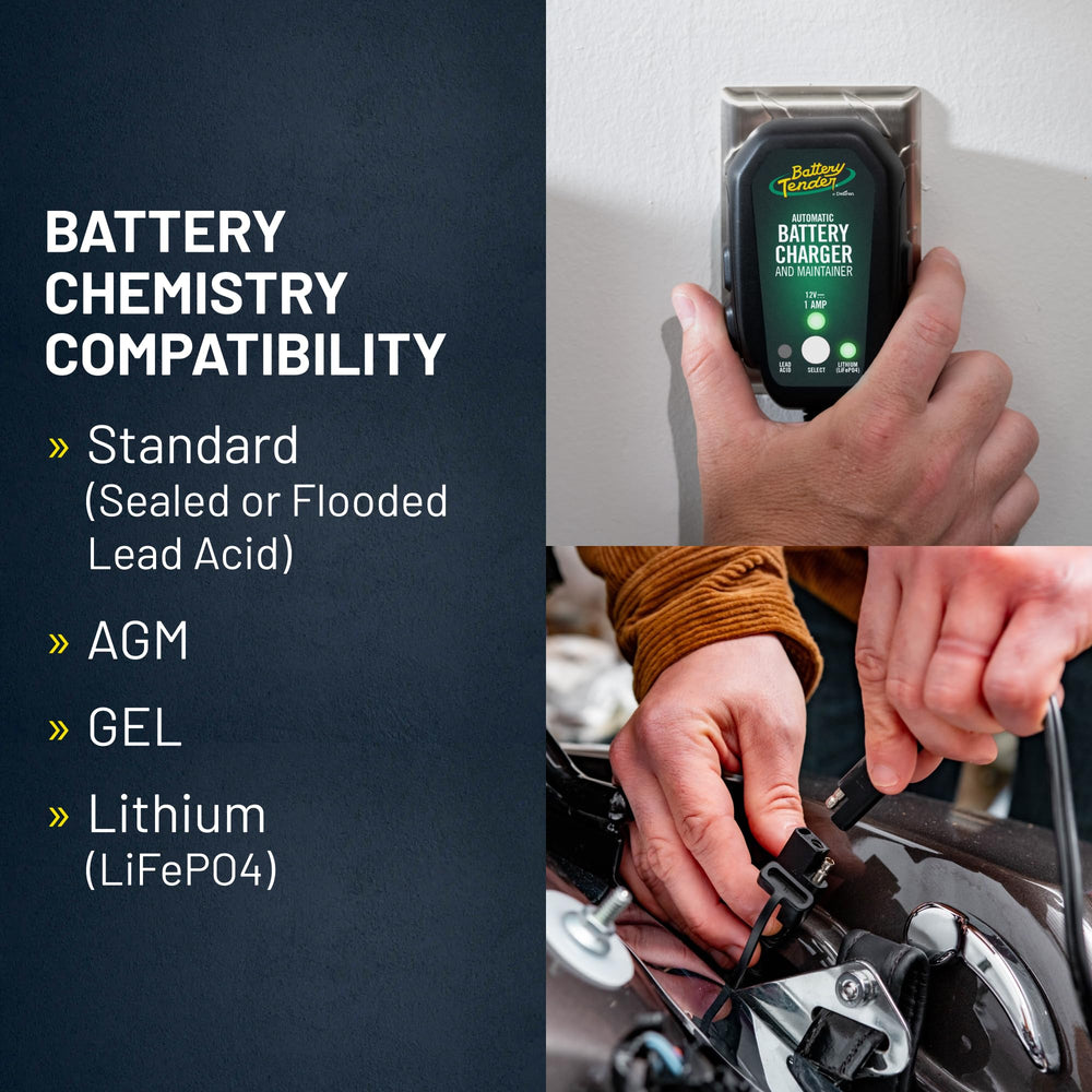 Battery Tender held in hand demonstrating compact size for space-saving convenience