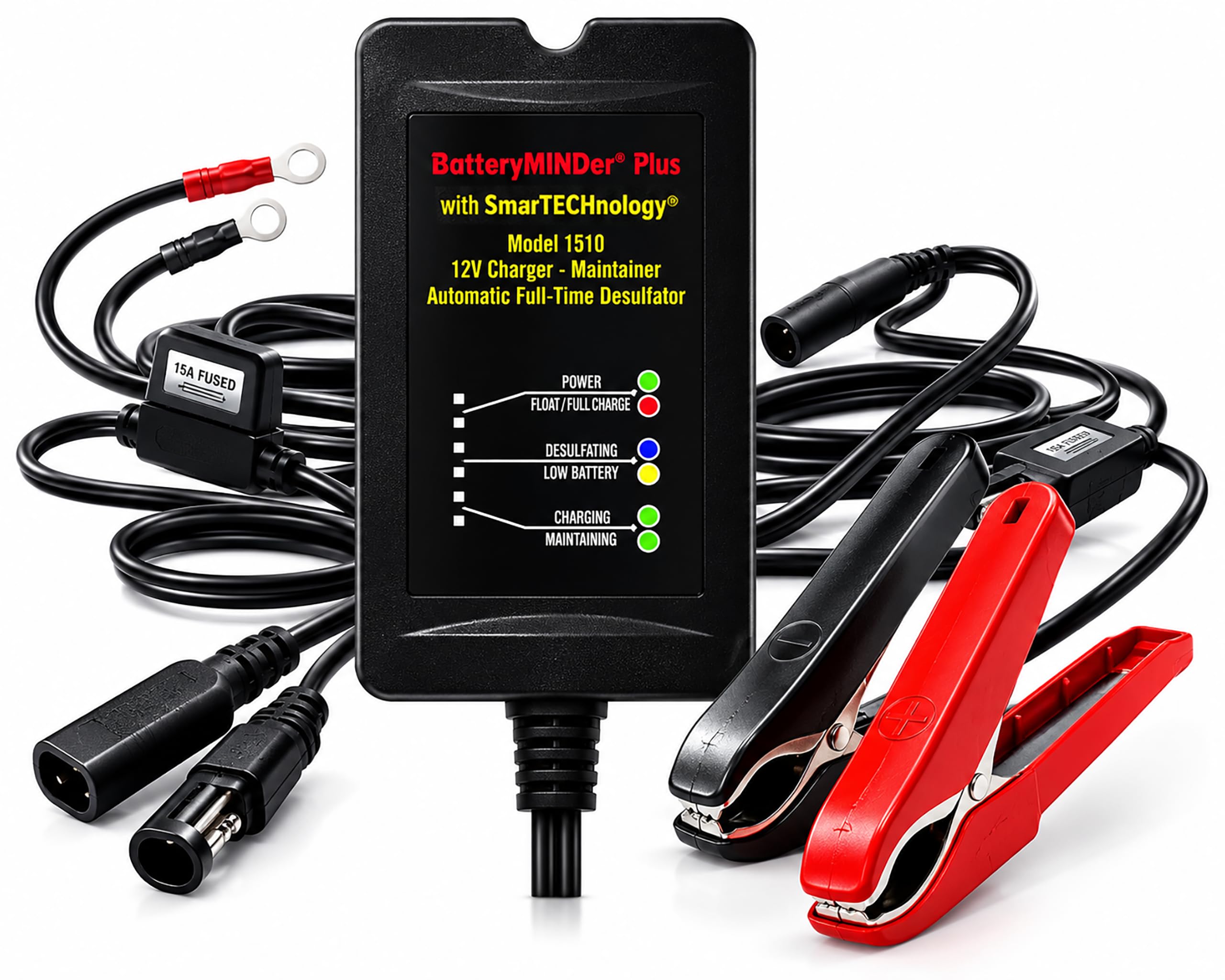 BatteryMINDer 1510 front view showing controls and indicators, demonstrates easy operation