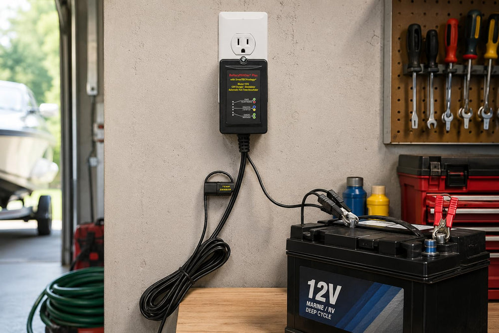 BatteryMINDer 1510 connected to a motorcycle battery while maintaining charge, supports winter storage