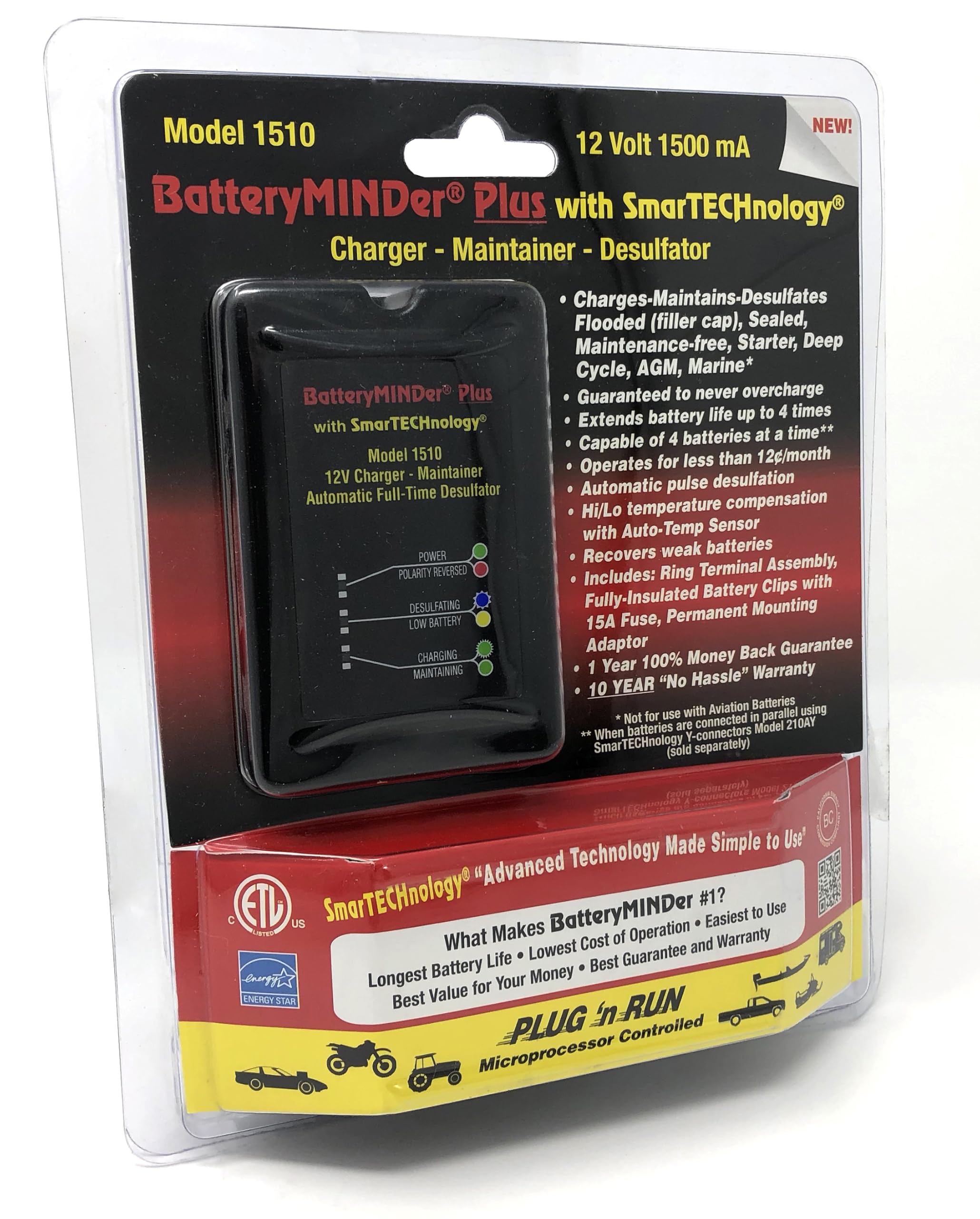 BatteryMINDer 1510 compared with a hand to show compact size, convenient for limited storage