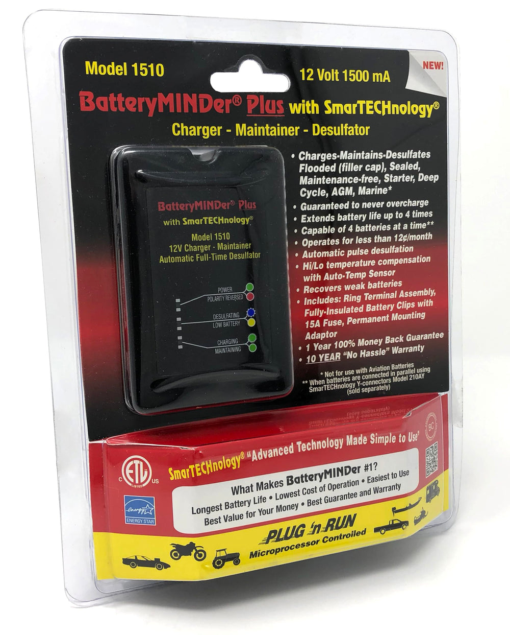 BatteryMINDer 1510 compared with a hand to show compact size, convenient for limited storage