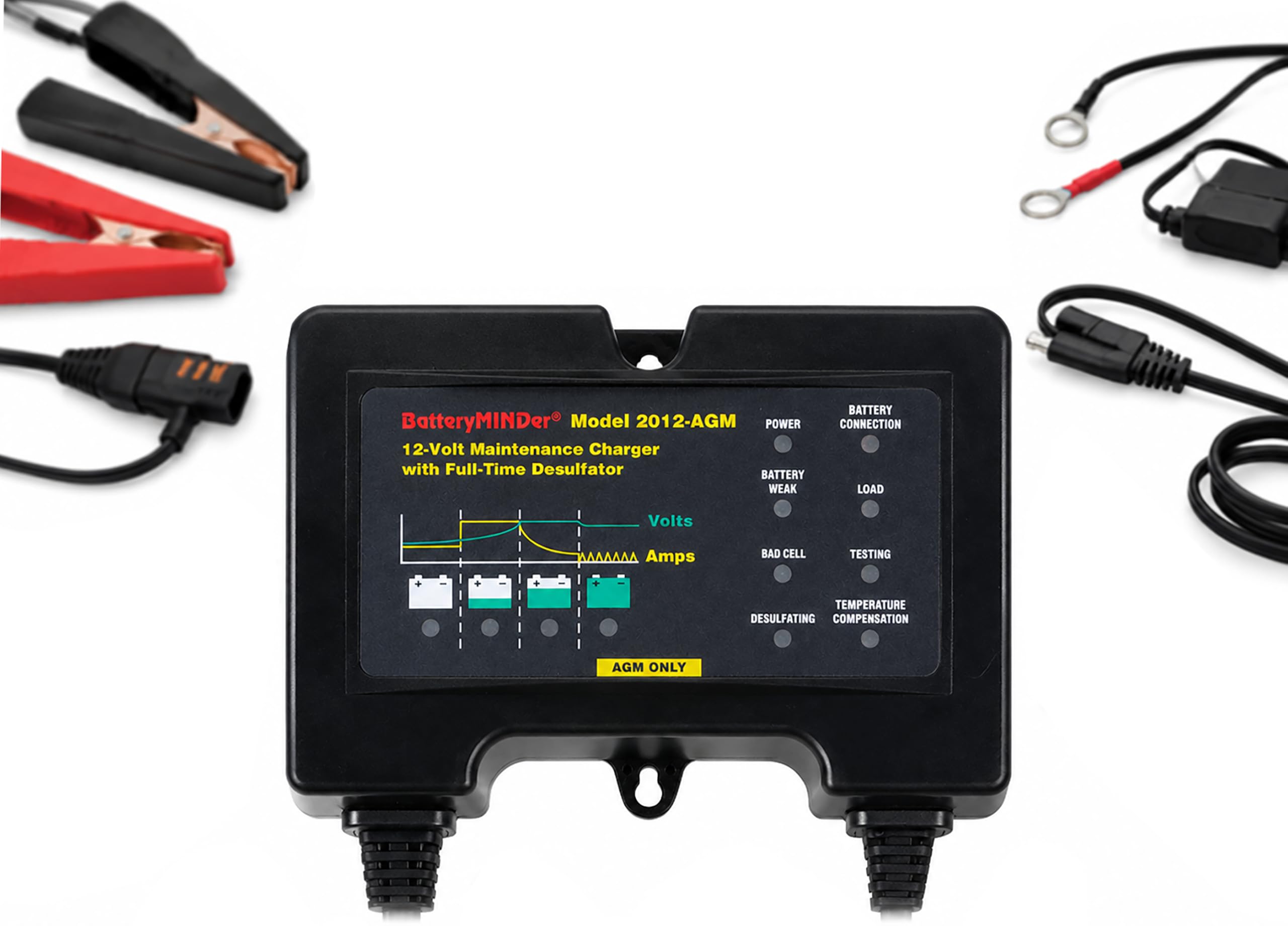 BatteryMINDer 2012-AGM front view showing compact charger and LED indicators for easy monitoring
