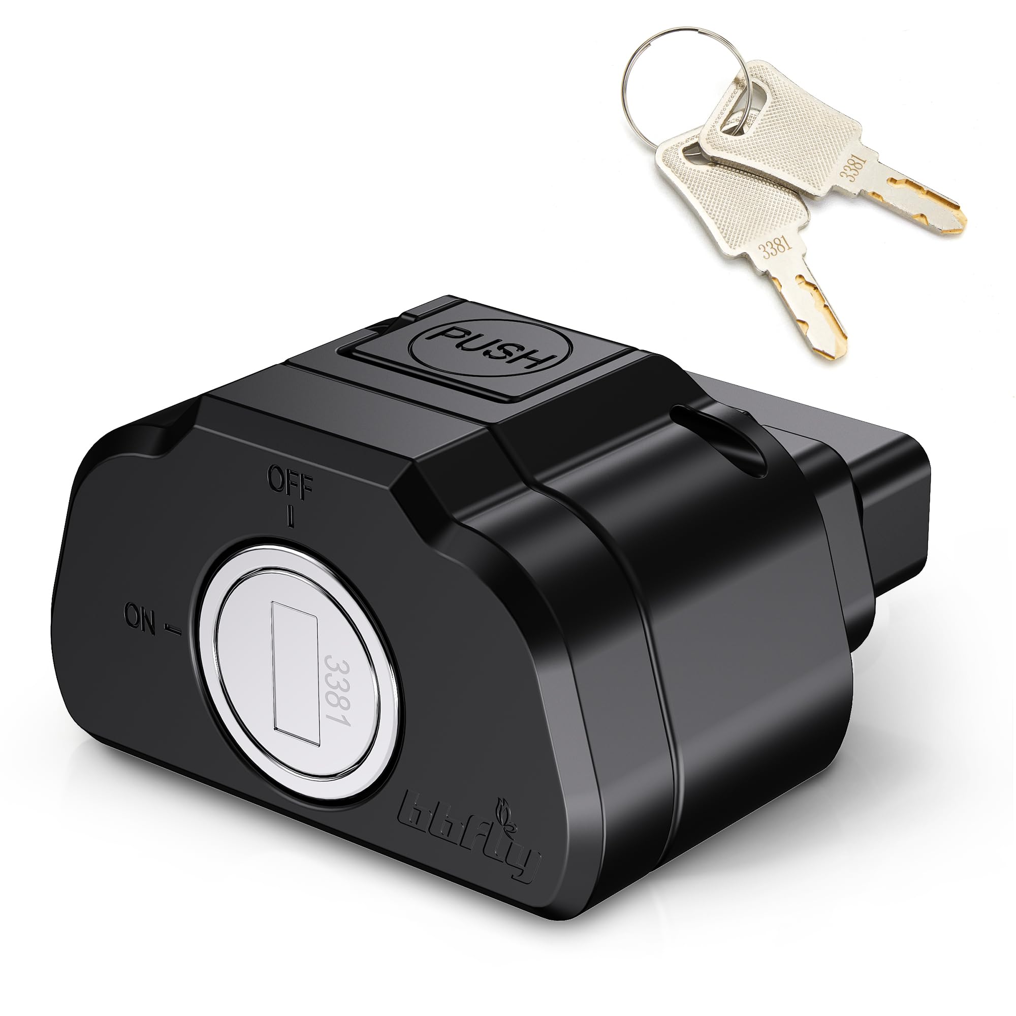 bbfly front view of K02 lock showing secure fit and visible key slot, protects port