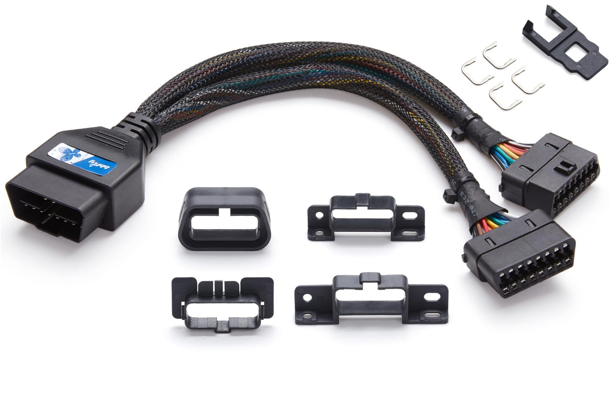 bbfly splitter front view showing two outputs and single OBDII input for convenient connection