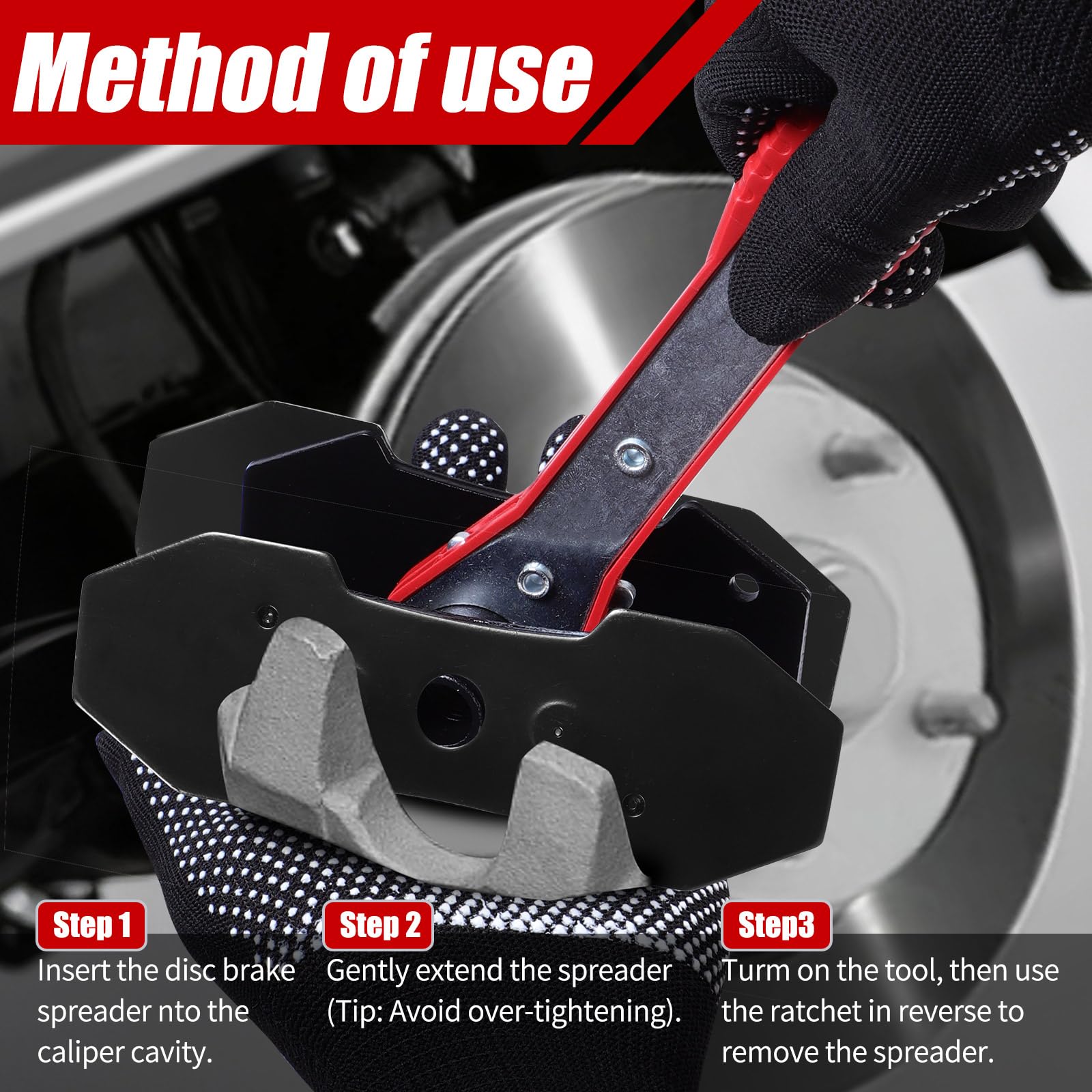 BCJCLTS tool compressing a caliper piston in use for faster pad replacement