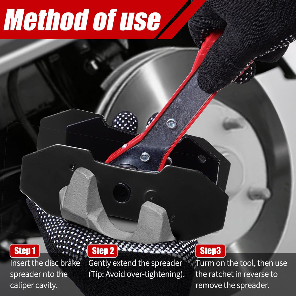 BCJCLTS tool compressing a caliper piston in use for faster pad replacement