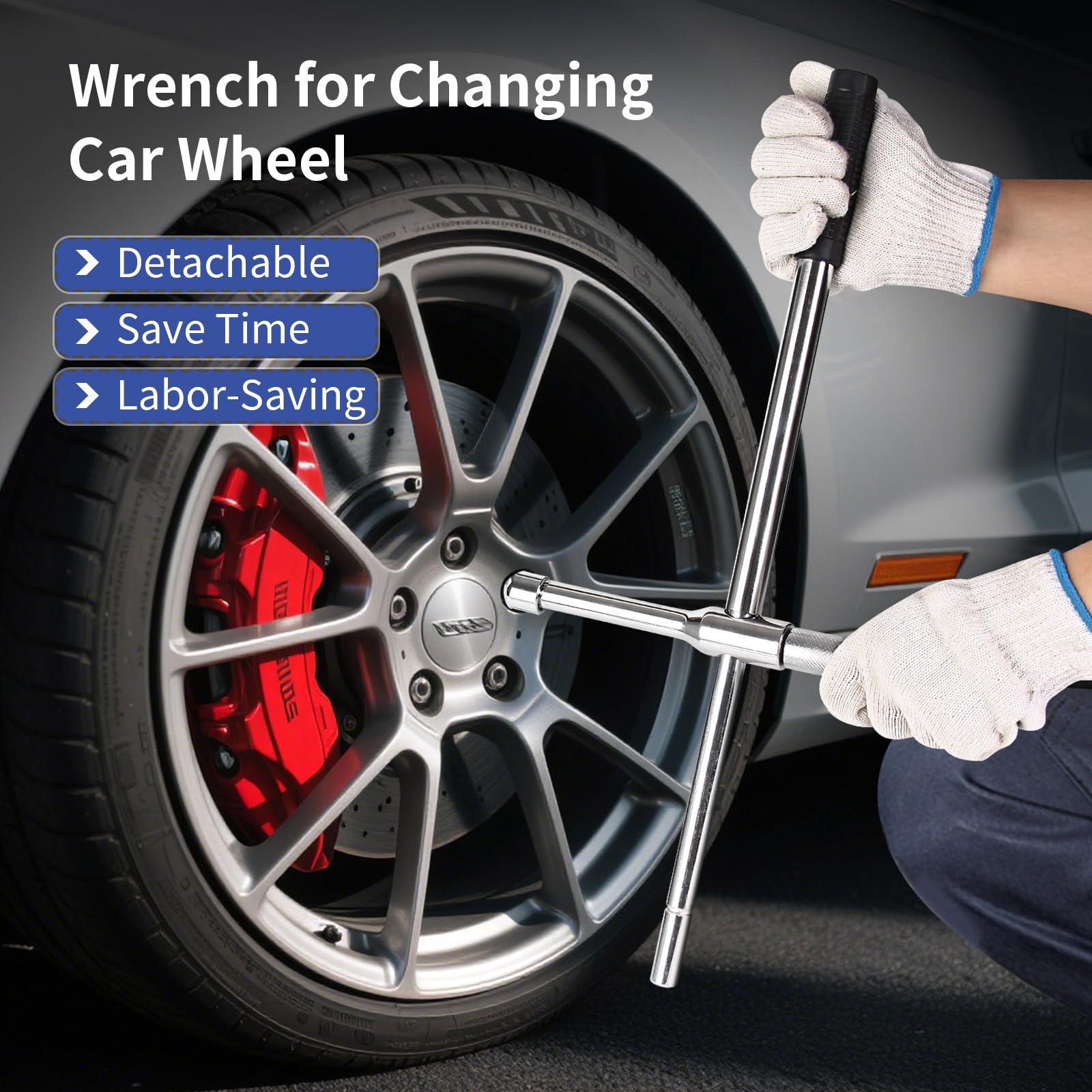 BCJCLTS in use on a car wheel illustrating practical roadside tire change support