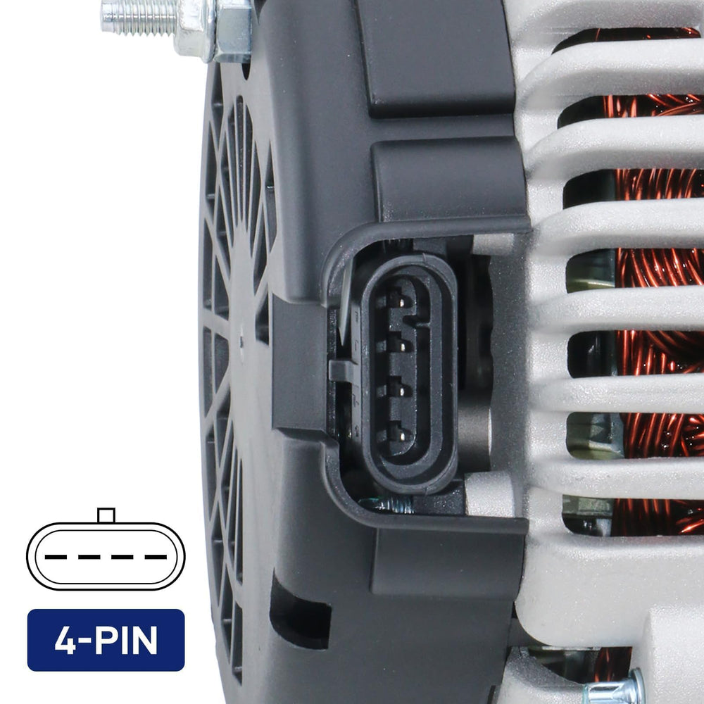 BDELI alternator rear connector detail showing plug and heavy-duty terminal benefit