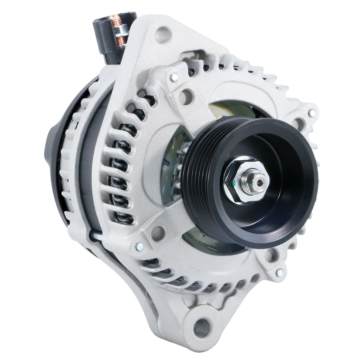 BDELI alternator front view showing pulley and cooling vents, reliable charging