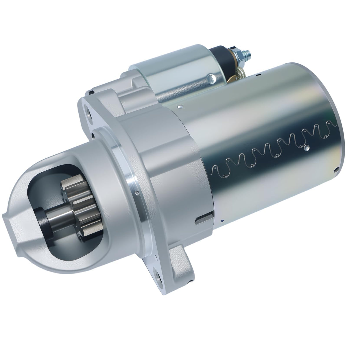 BDELI starter motor front view showing mounting points and robust housing, ensures correct fit