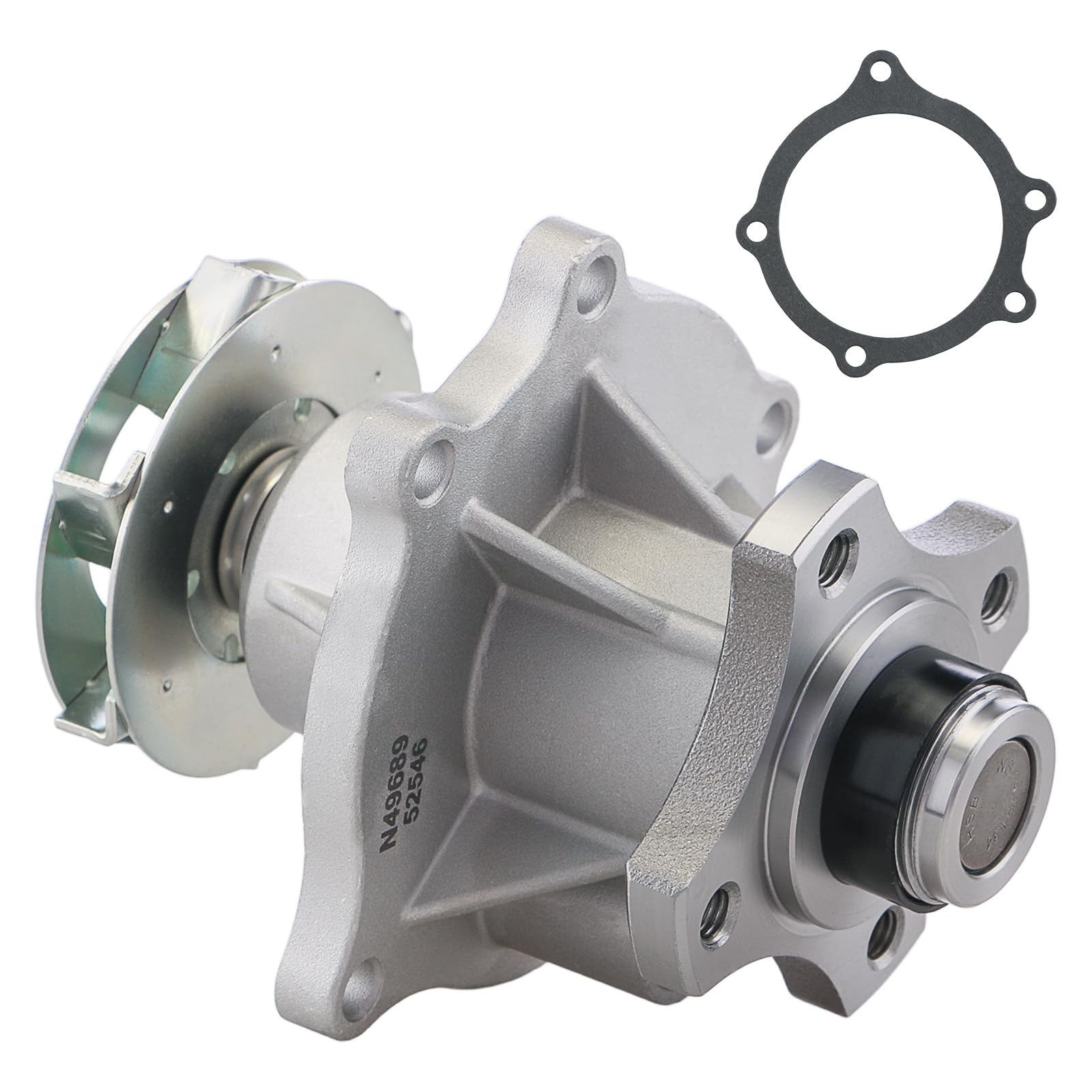 BDELI water pump front view showing mounting flanges and ports, ensures correct fit
