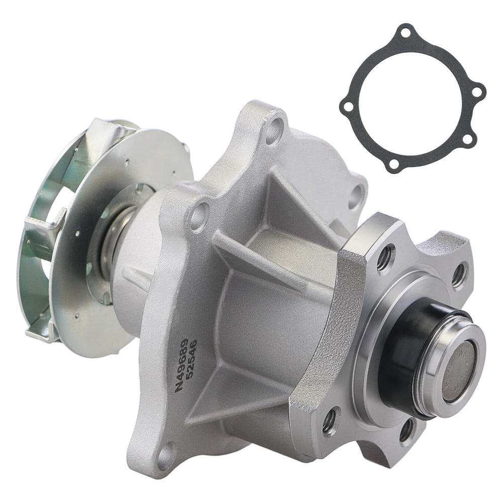 BDELI water pump front view showing mounting flanges and ports, ensures correct fit