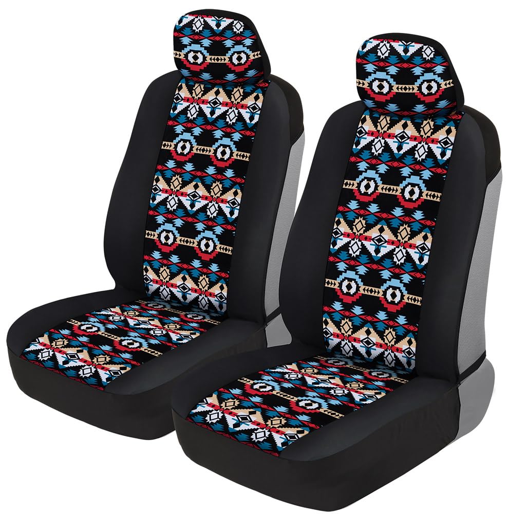 BDK front seat covers front view showing vibrant Aztec pattern and protection
