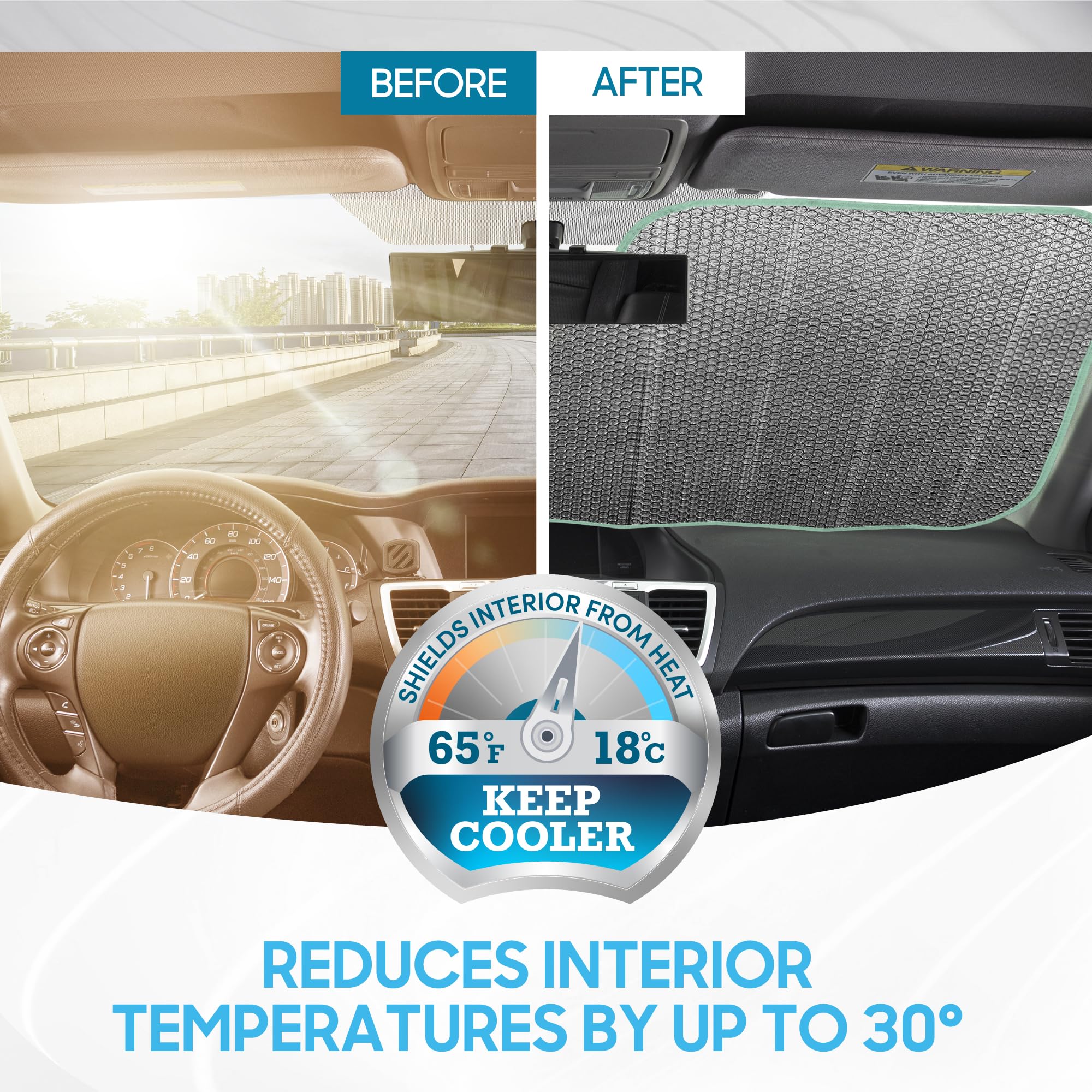 BDK sunshade installed in SUV protecting dashboard and seats from sun damage