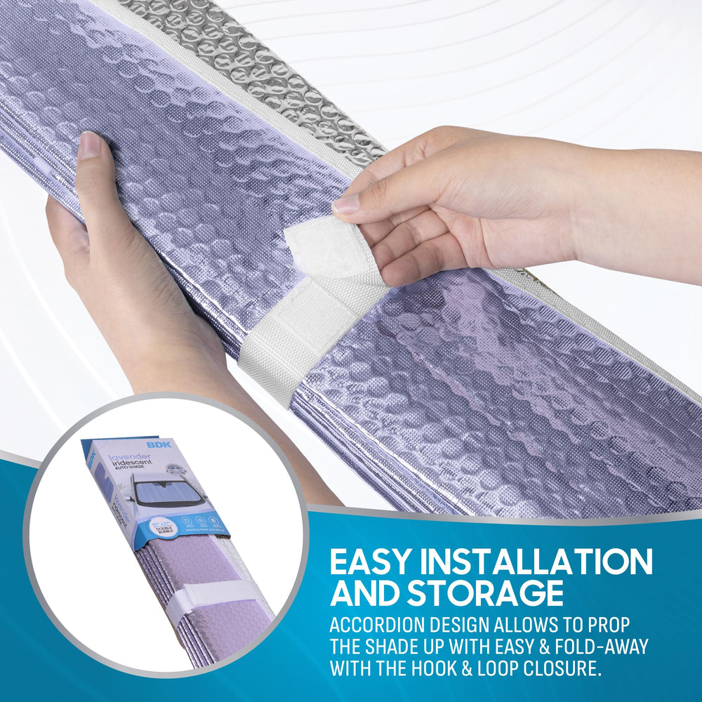 BDK hook and loop strap securing folded sunshade for tidy storage
