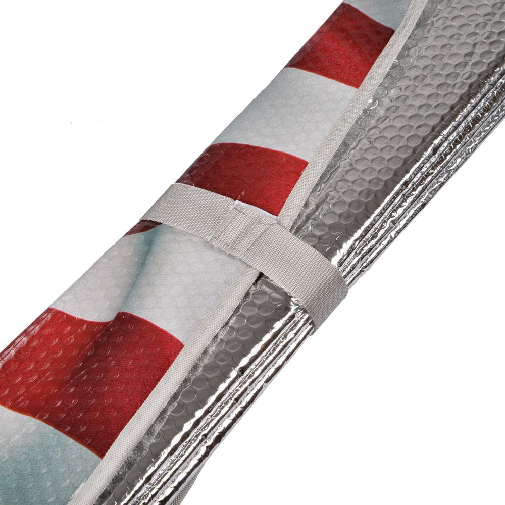 BDK sun visor in parked beach scene showing cool interior and patriotic styling