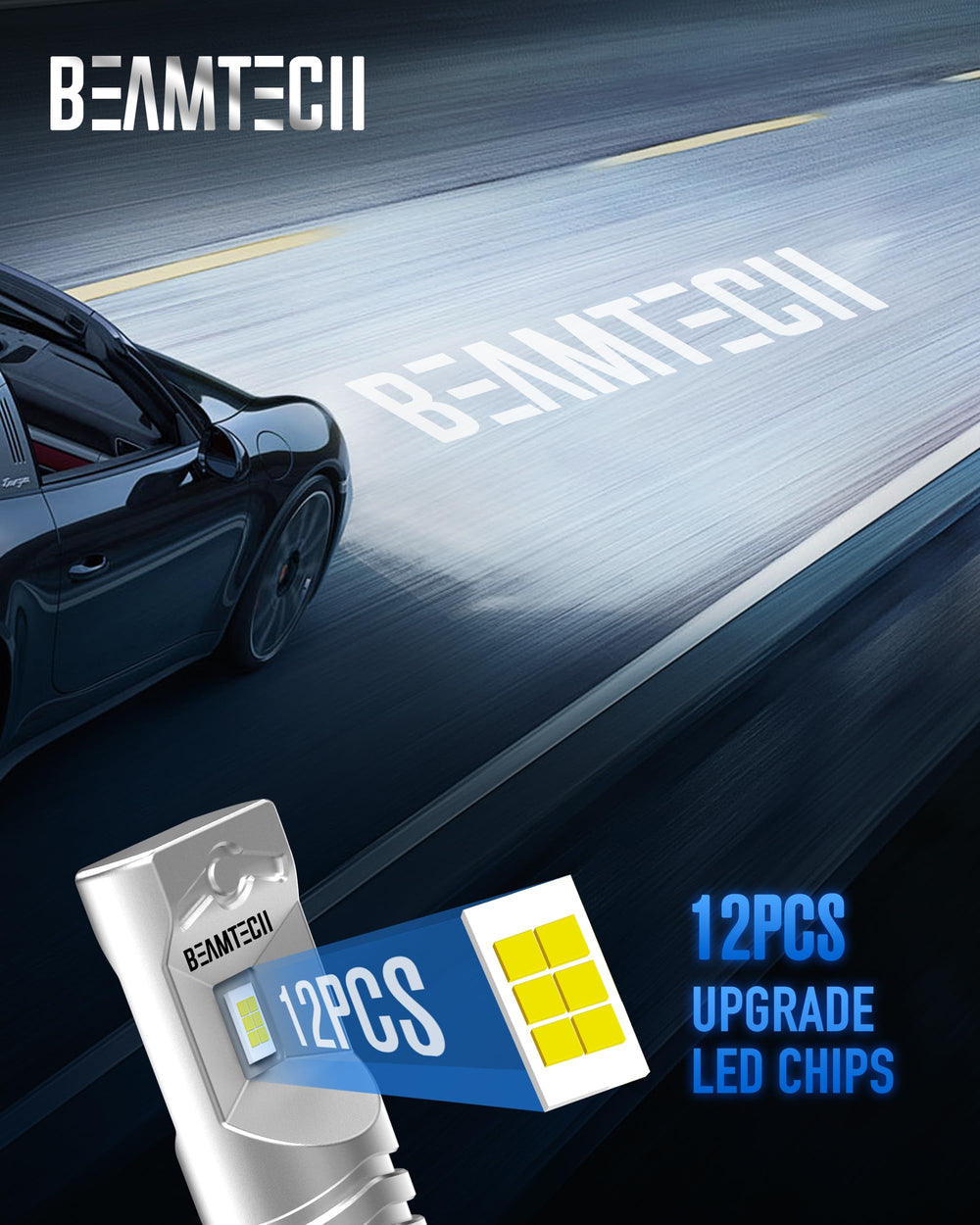 BEAMTECH beam pattern projected on road, even 1:1 illumination reduces dark spots