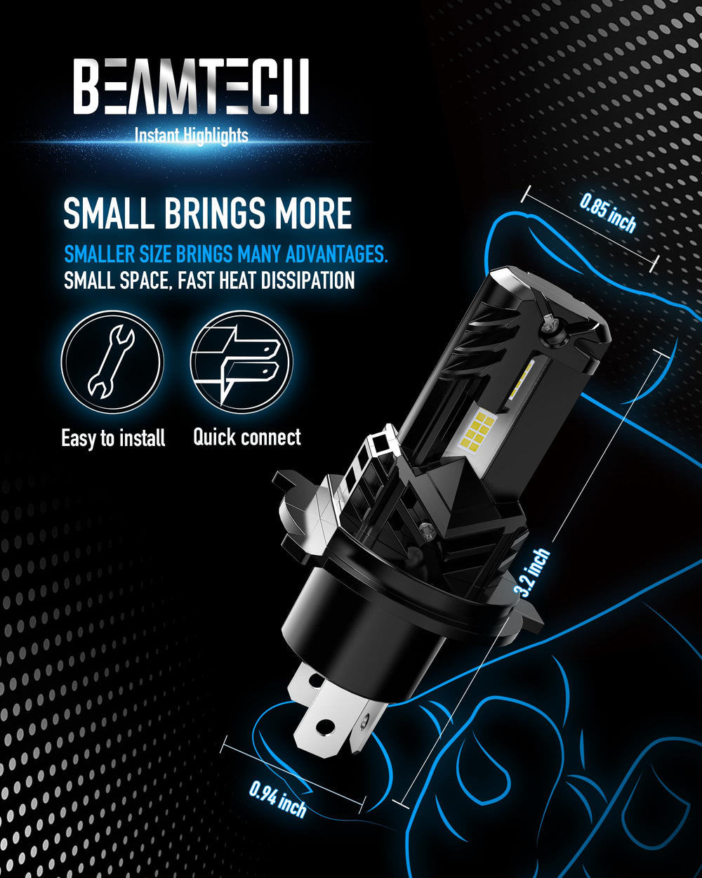 BEAMTECH size comparison in hand illustrating compact fanless advantage