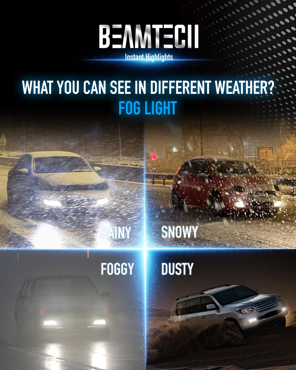 BEAMTECH night driving scene demonstrating clearer fog and visibility