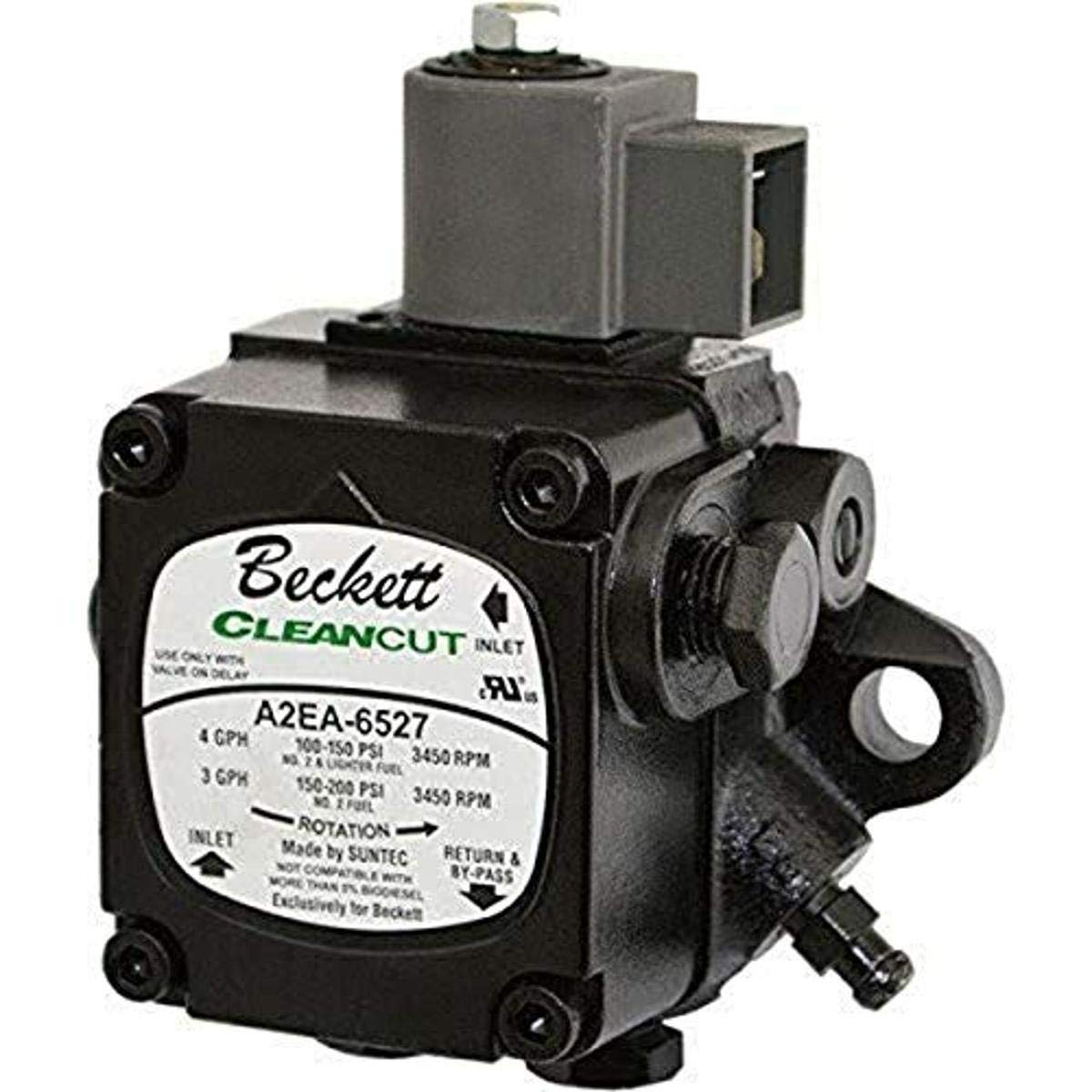 Beckett Cleancut oil pump front view showing model and durable housing for reliable performance
