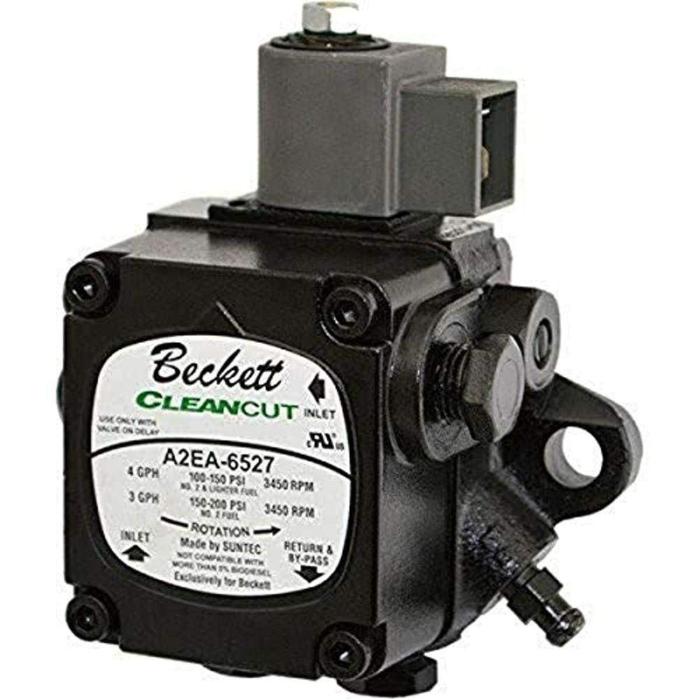 Beckett Cleancut oil pump front view showing model and durable housing for reliable performance