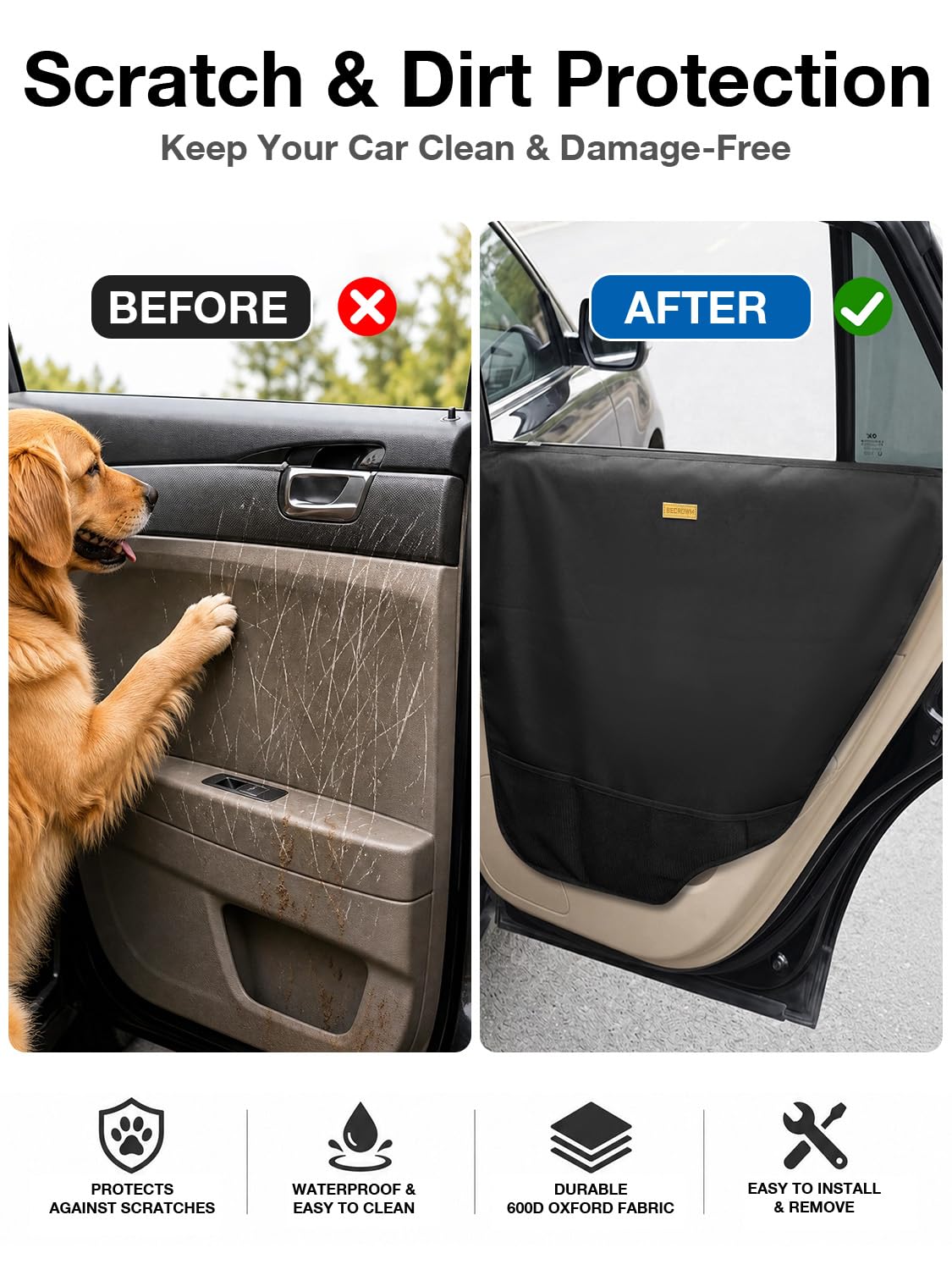 BECROWM size comparison on backseat showing door coverage and scale