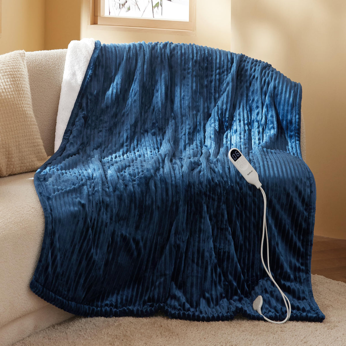 Bedsure navy ribbed throw front view showing cozy look and quick warmth