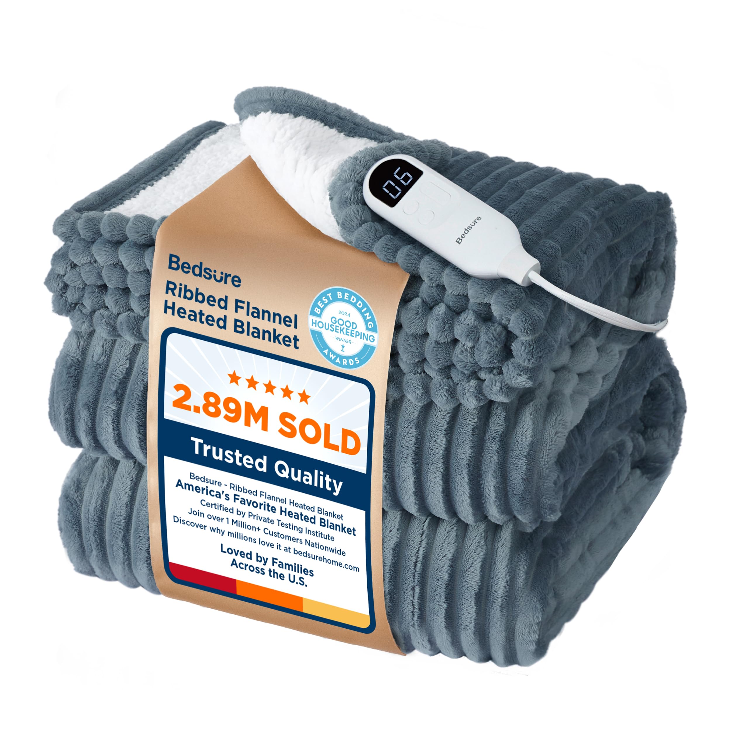 Bedsure front view showing ribbed grey top and cozy sherpa bottom for plush warmth