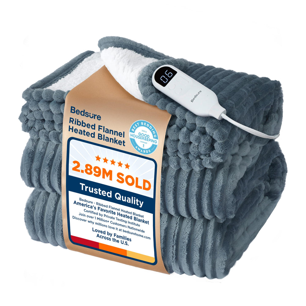 Bedsure front view showing ribbed grey top and cozy sherpa bottom for plush warmth