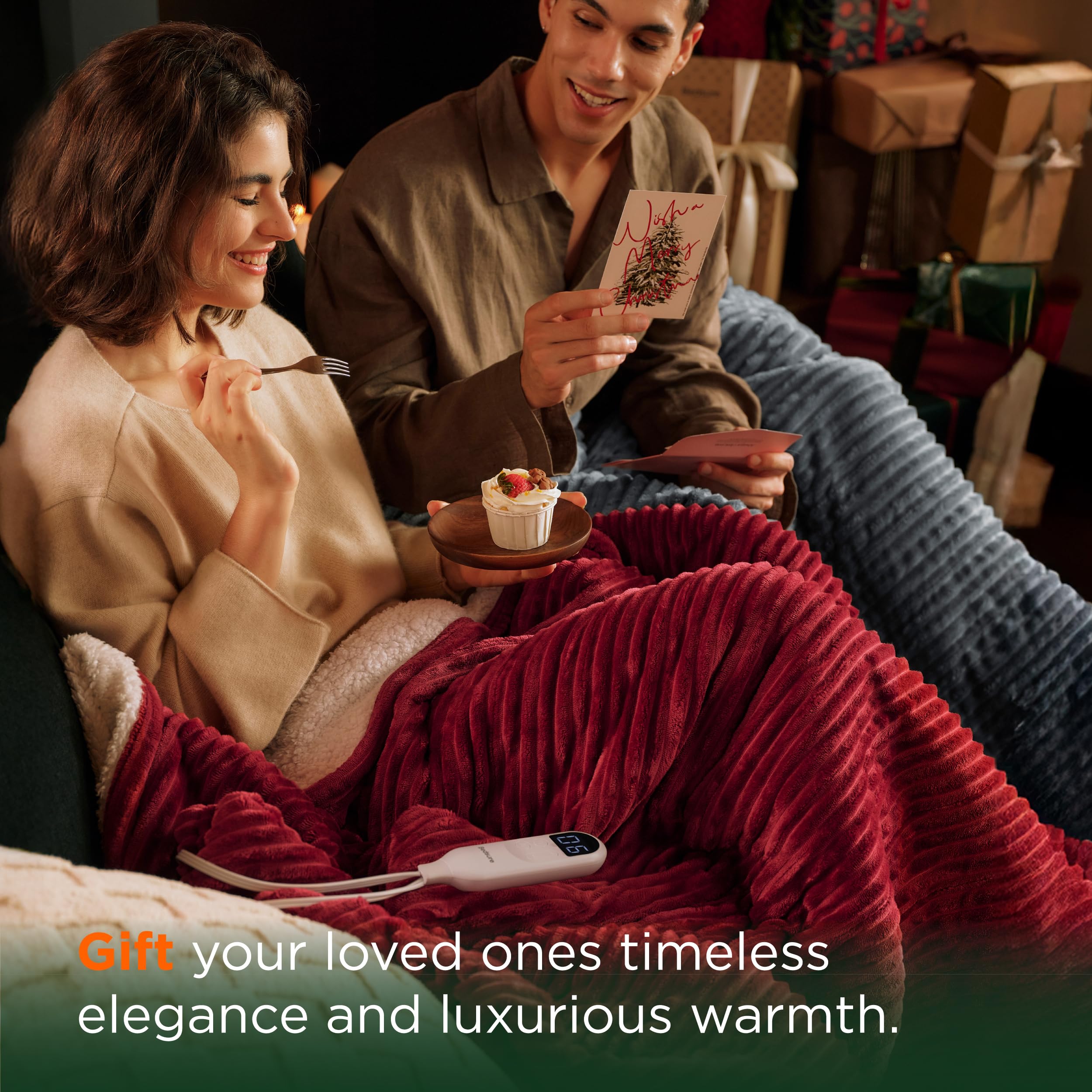 Bedsure lifestyle image on couch showing relaxing warmth while watching TV
