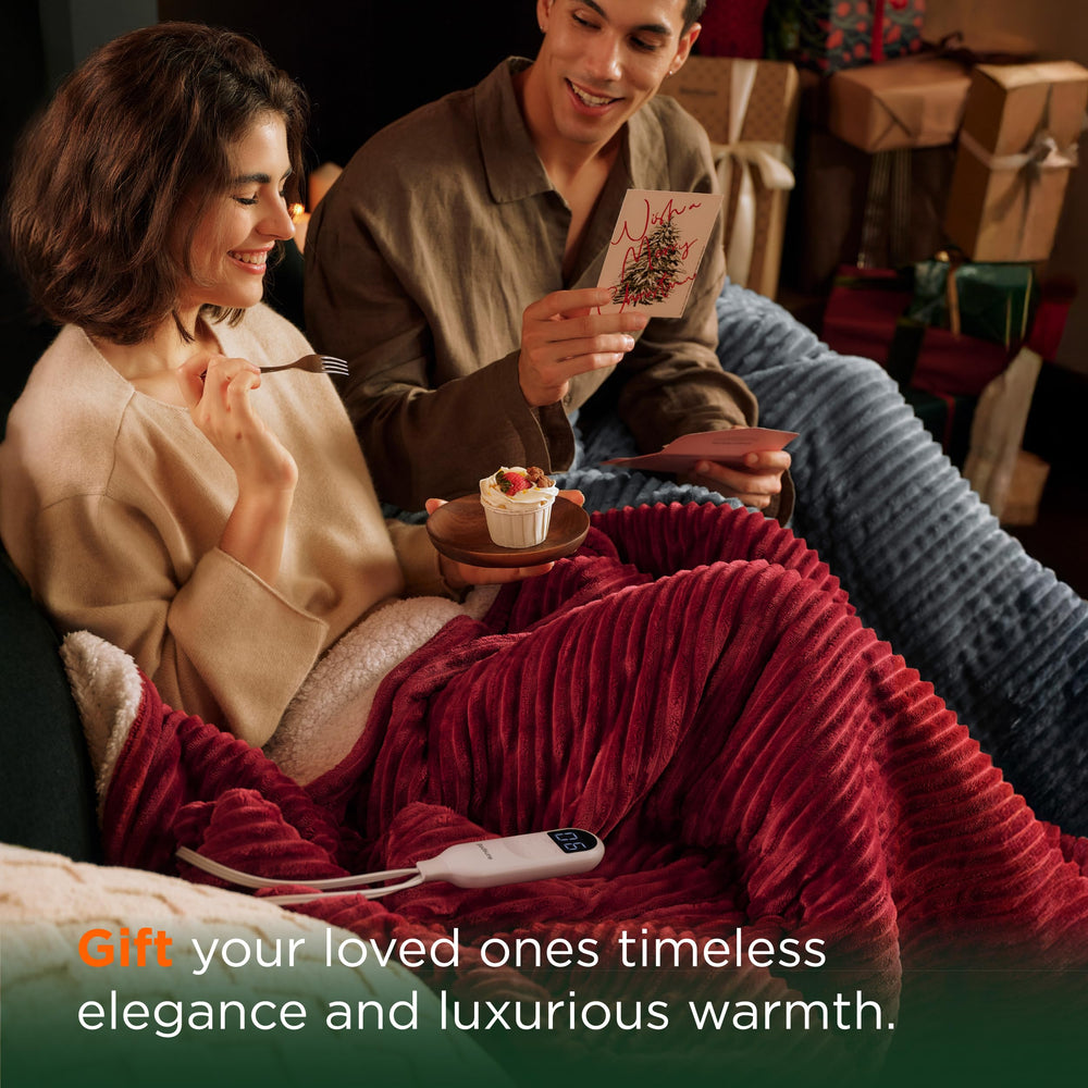 Bedsure lifestyle image on couch showing relaxing warmth while watching TV