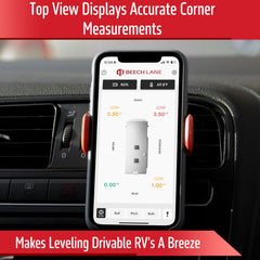 Beech Lane smartphone app displaying live leveling readouts for fast, confident setup