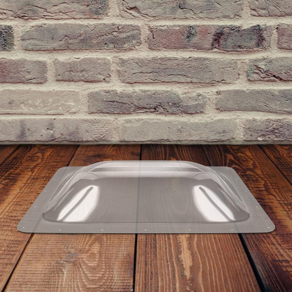 Beleeb skylight beside a ruler showing 18x26 flange for accurate sizing confirmation