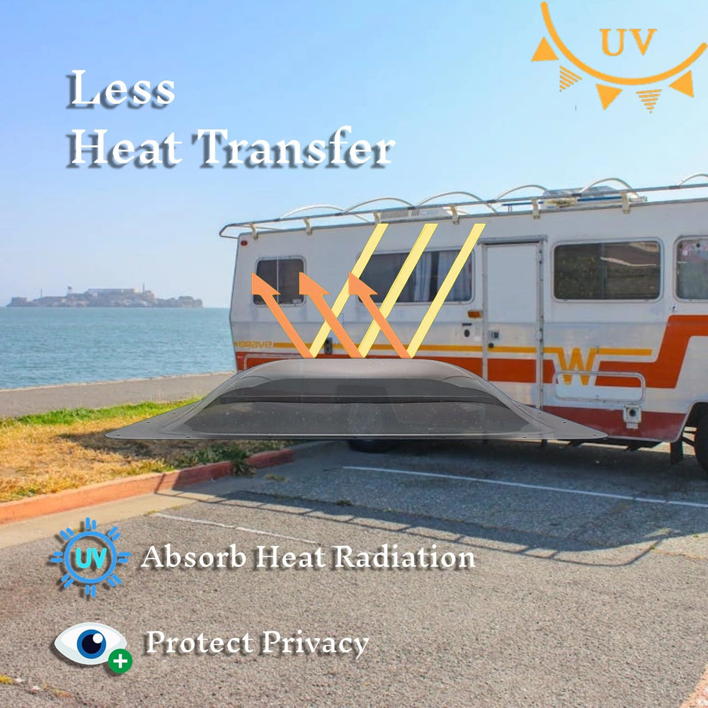 Beleeb skylight smoke tint filtering sunlight to reduce glare and heat inside RV