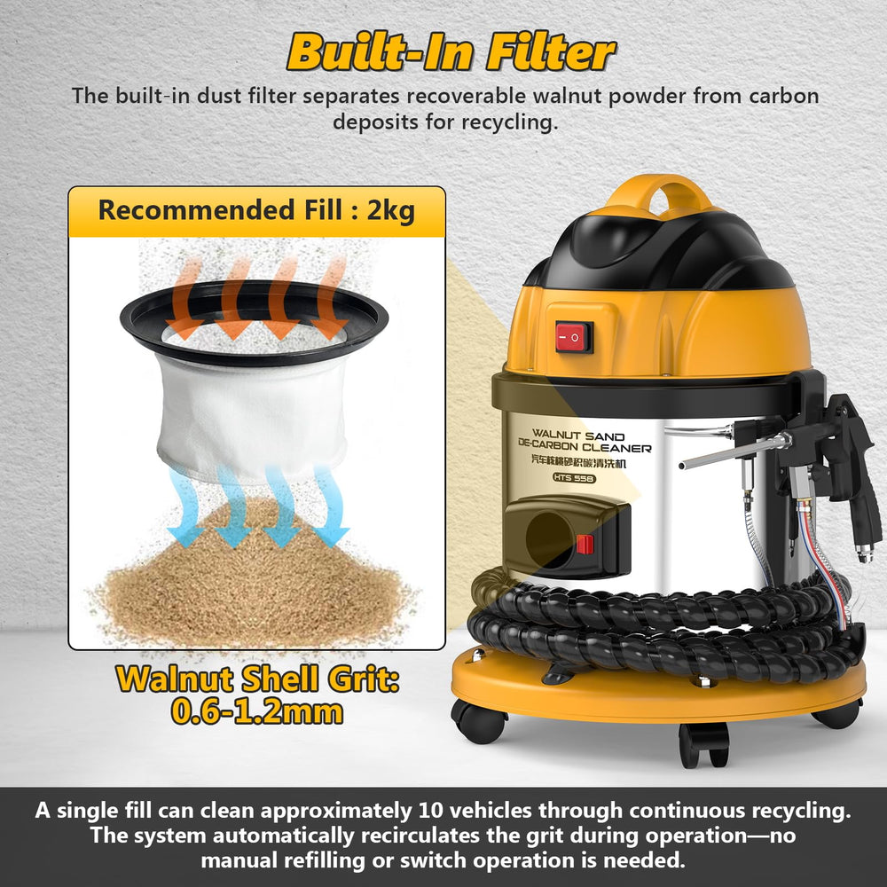BELEY HTS558 media hopper with 2 kg walnut shells highlighting eco-friendly abrasive
