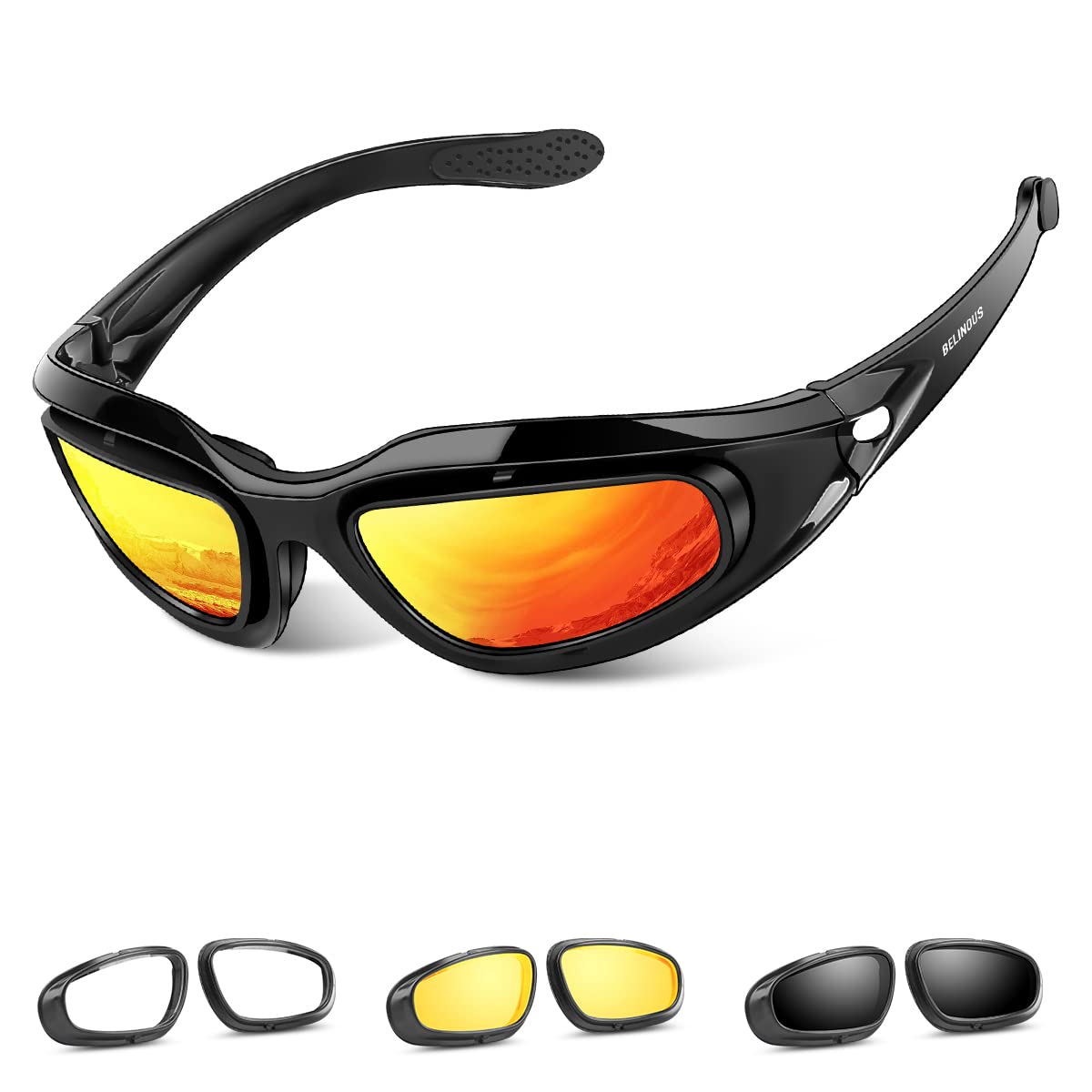 BELINOUS front view of goggles showing wraparound protection and comfort