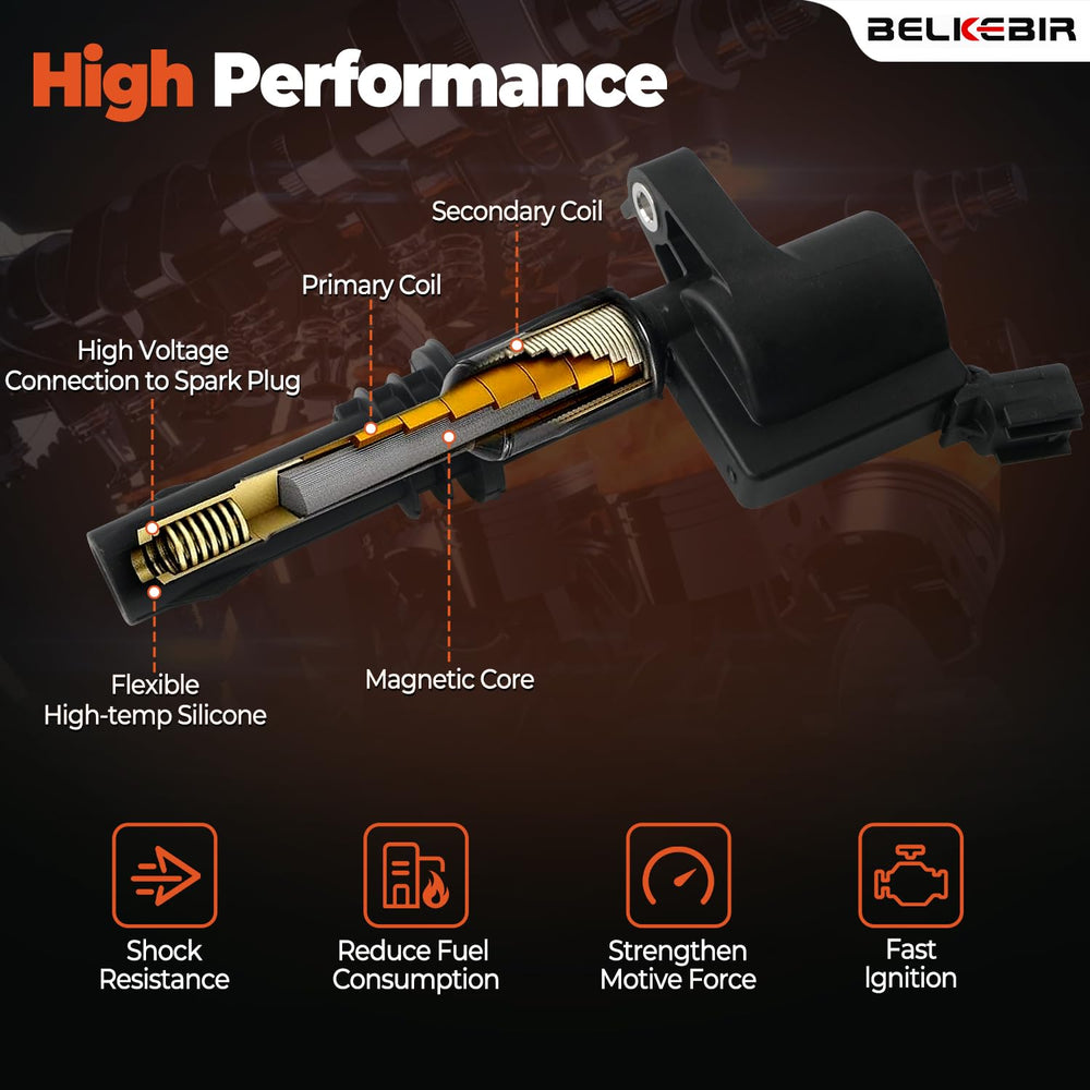 BELKEBIR coil pack and iridium spark plug side-by-side showing matched replacement parts