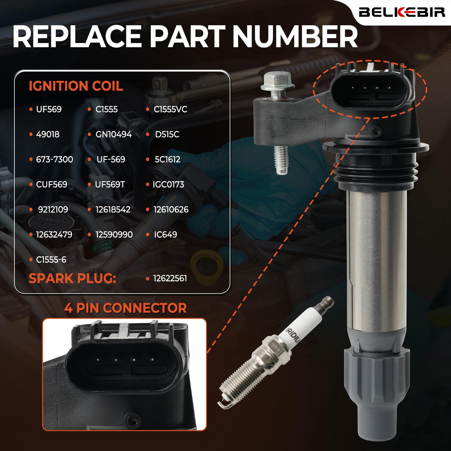 BELKEBIR iridium spark plug detail showing fine electrode for longer life and stable firing