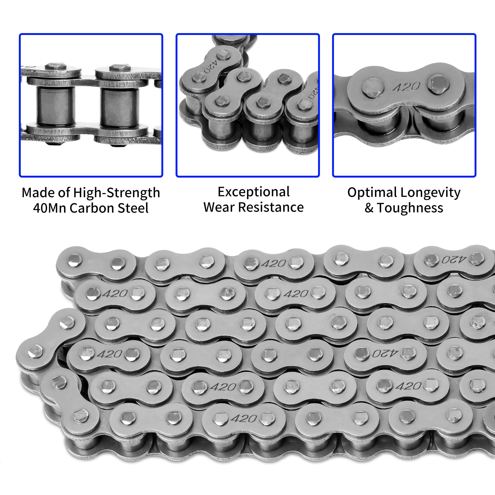 Belleone close-up of 420 chain rollers and links showing sturdy alloy construction and wear resistance