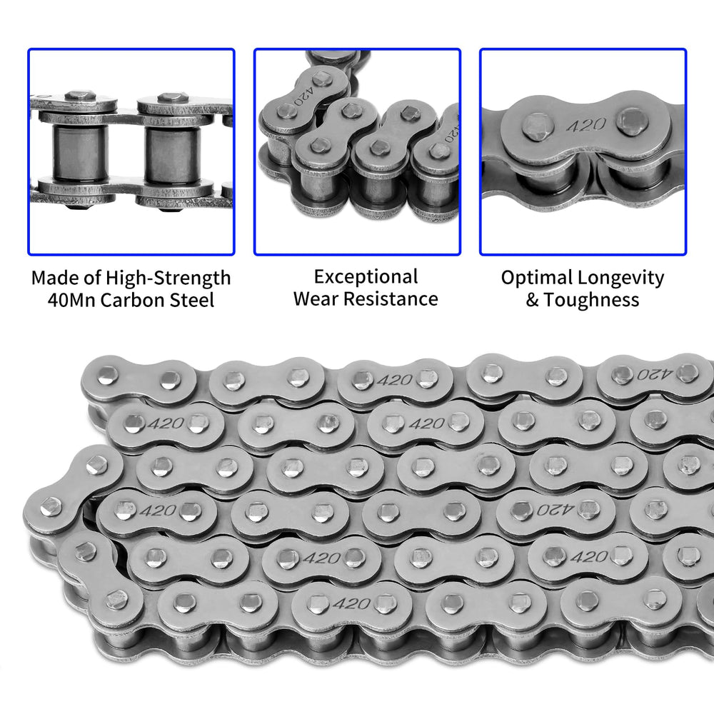 Belleone close-up of 420 chain rollers and links showing sturdy alloy construction and wear resistance