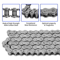 Belleone close-up of 420 chain rollers and links showing sturdy alloy construction and wear resistance