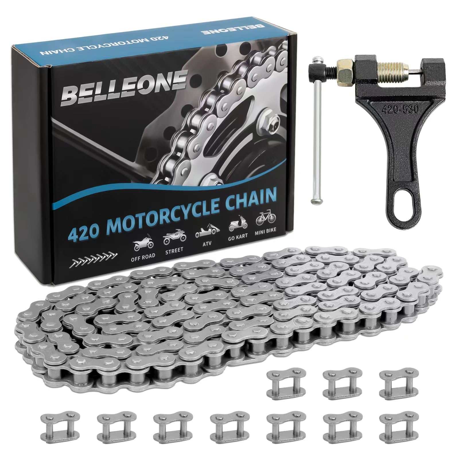 Belleone front packaging showing complete 420 chain kit and breaker tool for quick identification and confidence